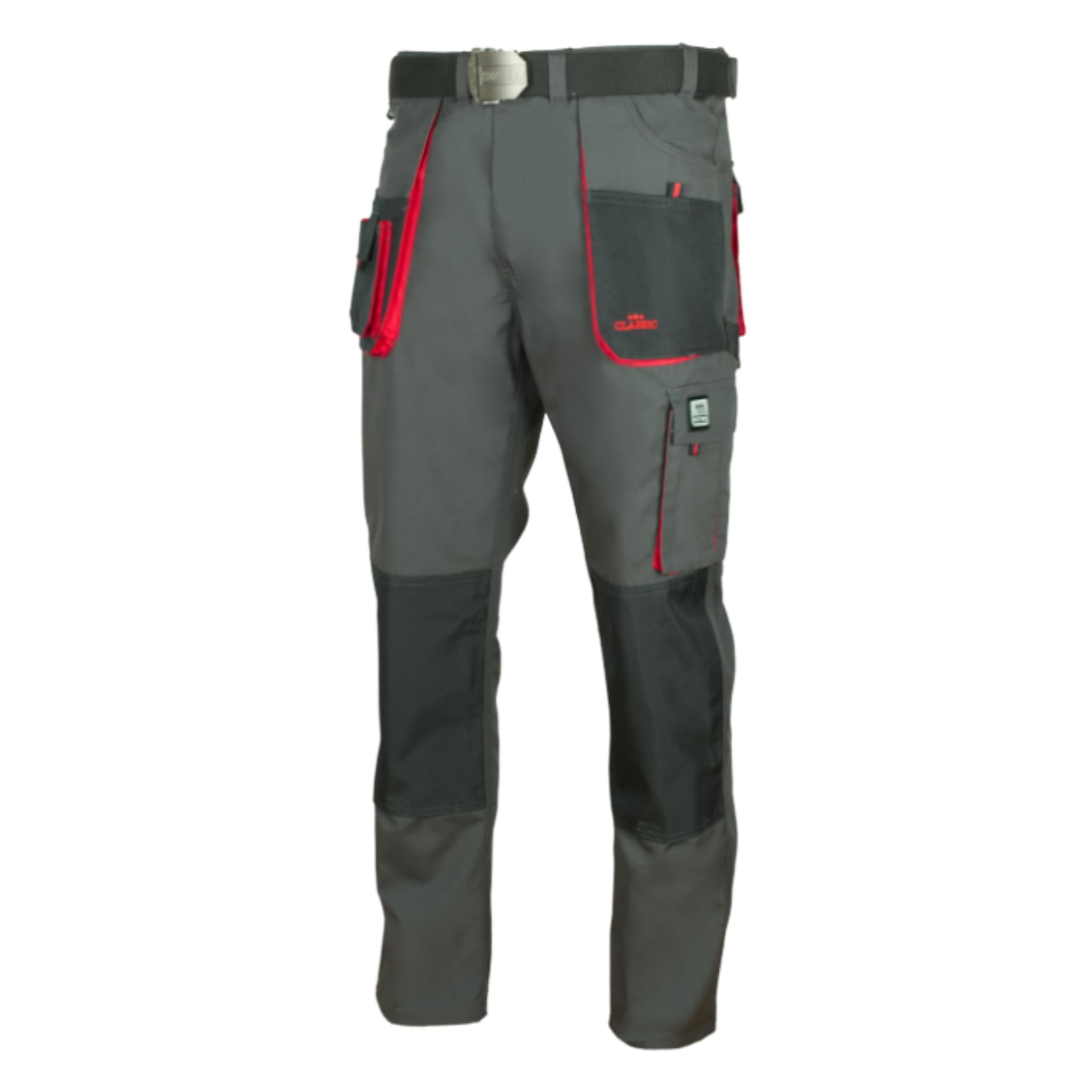 Art.mas Men's Grey-Orange Artmas Classic Multi Pocket Cargo Heavy Duty Pro Work Trousers, Triple Stitched Cordura Reinforcing Stress Points Knee Pad Pockets, Grey-Red (34/36, No Knee Pads)