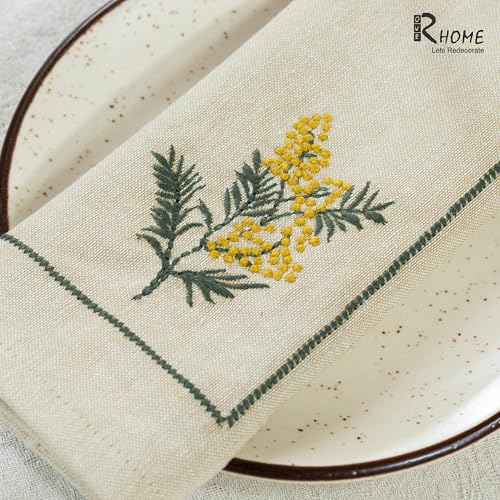 Image of R home Premium Embroidered Cotton Table Napkins Set of 6 Reusable Cloth Dinner Napkins Soft Washable Dining Table Linen Elegant Kitchen Coffee Table Decor (R home Mimosa Sprig, 45X45 CM)