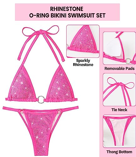 Women's Sparkly Rhinestone Halter Triangle O Ring Top String Thong High Cut Bottom 2 Pieces Bikini Swimsuit Set3