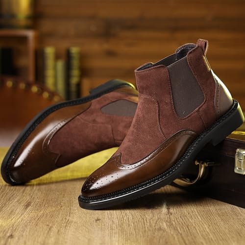 Men'S Brogue Wingtip Chelsea Ankle Boots Retro Pointed Low Chunky Heel Slip-On Business Work Dress Boots Fashion Leather Casual Ankle Boots4