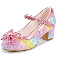 LAURMOSA Mary Jane Prinzessin Schuhe Mädchen Stöckelschuhe Kinder High Heels Riemchen Pumps mit Schleife Regenbogen Glitzer Festliche Schuhe Mädchen 29 Absatzschuhe Kinder Party (EUL1036SeRainbow 12)