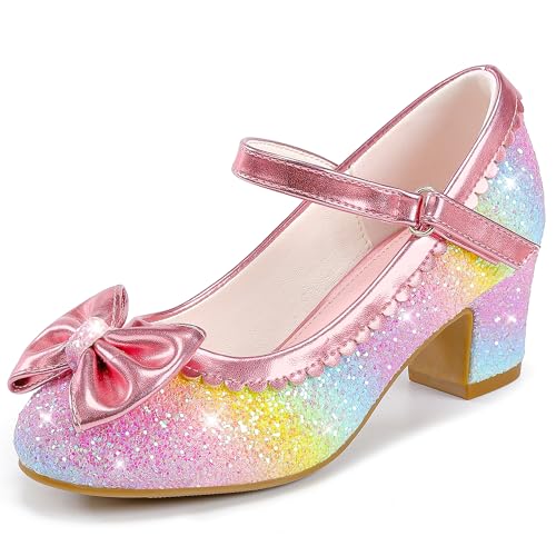 LAURMOSA Girls Dress Shoes Rainbow Toddler High Heels Sparkle Dress Princess Shoes for Wedding Party Toddler Princess Heels Size 13 Kids Bowknot Cute Fancy Pumps(L1036SeRainbow 13)