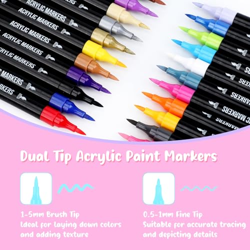Pagather 24 Colors Acrylic Paint Markers, Dual Tip with Fine...