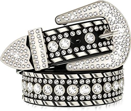HooLing Women Rhinestone Belt Western Cowgirl Bling Studded Belts Stylish Artificial Leather Belt for Jeans Pants (Black) Adult size