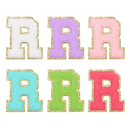 QUARKZMAN 6 letras autoadhesivas de chenilla R con borde dorado brillante, parche bordado para ropa, bolso, portátil, teléfono móvil