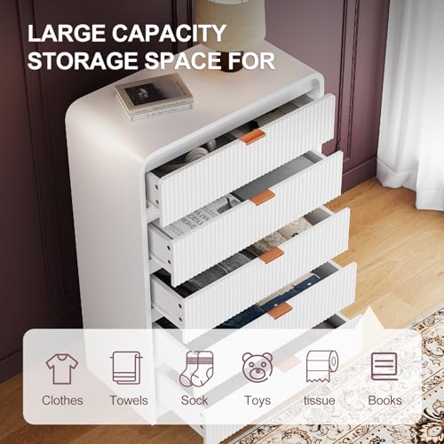 FURSUN Fluted 5 Drawers Dresser for Bedroom, 48" Tall Wooden Modern Dresser with Metal Handle, Curved Profile Design, Storage Organizer for Living Room, Hallway (White)