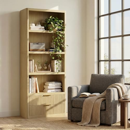 YESHOMY 79 Tall Wooden Bookshelf with Drawers Modern Fluted Bookcase with 4 Open Shelves & 2 Storage Drawers Storage Display Shelf for Living Room Bedroom Office Natural Wood Set of 1