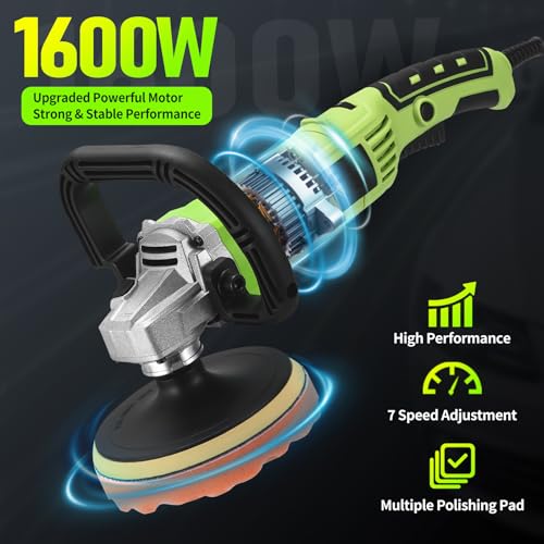 Image of Buffer Polisher, 1600W 6 Inch /7 Inch Rotary Car Buffer Polisher Wax, 7 Variable Speed 1600-3500 RPM, Car Buffers and Polisher for Car, Boat Sanding and Polisher