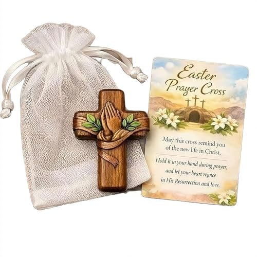 Juego de cruz de oración de Pascua, cruz de bolsillo de madera tallada a mano con manos de oración, pequeña cruz cómoda de mano para oración y meditación, regalos religiosos cristianos para hombres y