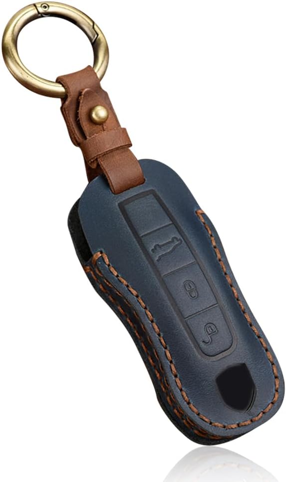 HIBEYO Leather Smart Key Fob Case Full Protection Cover Compatible with Porsche 911 Cayenne Macan Panamera Taycan 3 4 Button Keyless Entry Remote Shell Accessories-(3 button Blue