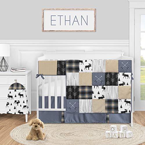 Sweet Jojo Designs Woodland Plaid Arrow Baby Boy Nursery Crib Bedding Set - 5 Pieces - Blue Tan and Grey Black Moose Rustic Patch