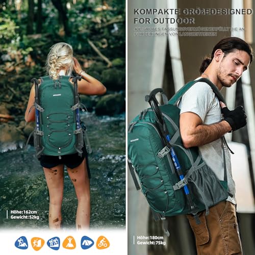 BECOJADDE Wanderrucksack Herren Damen 40L Ultraleichter Faltbarer Rucksack Wasserdichter Reiserucksack Trekkingrucksack mit Nassfach für Wandern, Reisen, Radfahren und Klettern, Grün