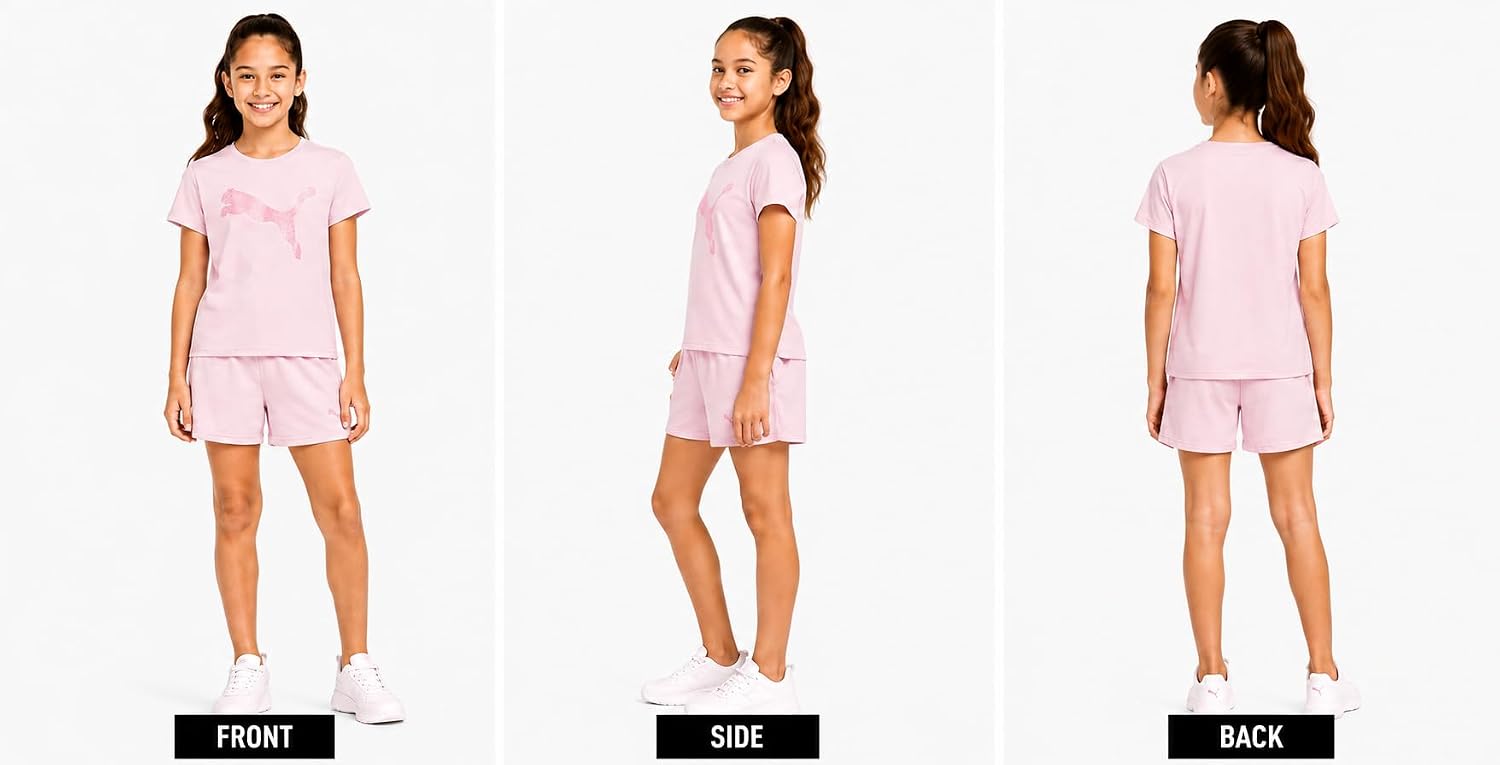 PUMA Girls Shorts Set - 2 Piece Active Performance T-Shirt with Gym Shorts | Soft Breathable Athletic Fabric, Lightweight Stretch Comfort, Great for Sports, Dance & Everyday Play