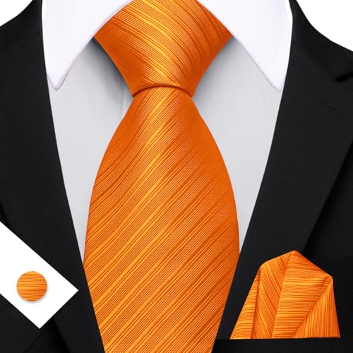 Image of Barry.Wang Solid Striped Tie for Men Silk Necktie Pocket Square Cufflinks Formal Wedding Party Business