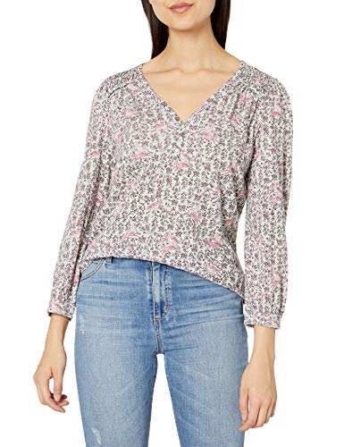 Lucky Brand Women's Long Sleeve V Neck Printed Smocked Peasant Top, Pink Multi, Medium