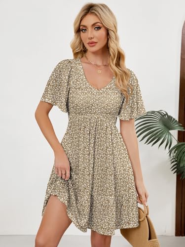 Image of UEAL Womens Cute Floral Smocked V Neck Flutter Sleeve Sundress with Pockets Casual Spring Summer Dresses for Women 2026