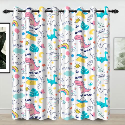 Image of Umpoo 21x45 Inch Cartoon Print Blackout Curtains Cute Pink Dinosaur Dino Wild Animal Magic UFO Pattern for Living Room Children's Bedroom Window Drapes, 2 Panel Home Set with Holes