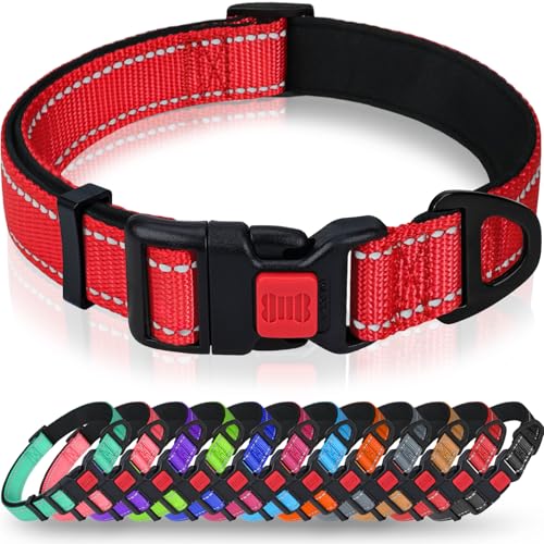 Taglory collare per cani, Imbottito Nylon Regolabile Traspirante Riflettente Collari per Cani di Taglia Media, Rosso