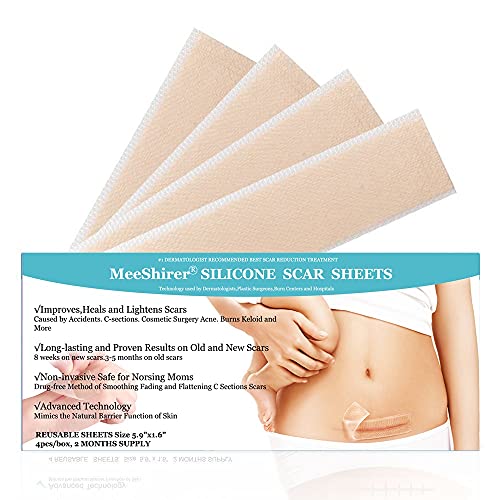 MeeShirer Washable Silicone Scar Sheets Reusable- Soft Silicone Scar Strips Scar Removal Sheets, Softens Repair Scars Acne, C-section Keloid Hypertrophic Pregnancy Surgical Scars,4 Pcs/Box (5.9"x1.6")