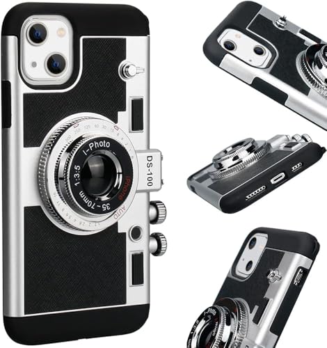 Image of Nova Treasure Compatible with iPhone 14 Vintage Camera Silicone Back Cover Case with Adjustable Crossbody Lanyard Strap for Girls & Women | Protective Phone Cover | Free Tempered Glass | Black