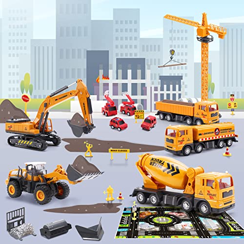 Skirtoy Kids Construction Vehicles Playset With Playmat, 18" Crane Toy, 10" Excavator, Tractor, Dump Truck, Cement, 4 Firetrucks, Educational Engineering Toy Set Birthday Gift For Toddler Boy 3+ #TOP6