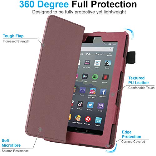 TECHGEAR Case Designed For All New Amazon Fire 7" (9th Generation / 2019 Release) PU Leather Slim Folio Stand Case Cover with Hand Strap [Plum] with Auto Wake/Sleep