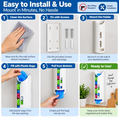 Image of Wall-Mount Plastic Bag Dispenser - Kitchen /Utility Holder, Easy-Pull
