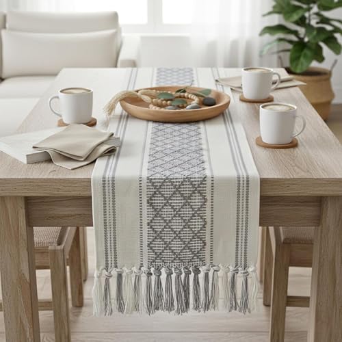 Image of Curated Cart Boho Table Runner 13x70 Inch with Tassels - Cotton Table Runner for 6 Seater Dining Table, Centre Table Runner for Living Room, Farmhouse Dining Table Decor (Grey)