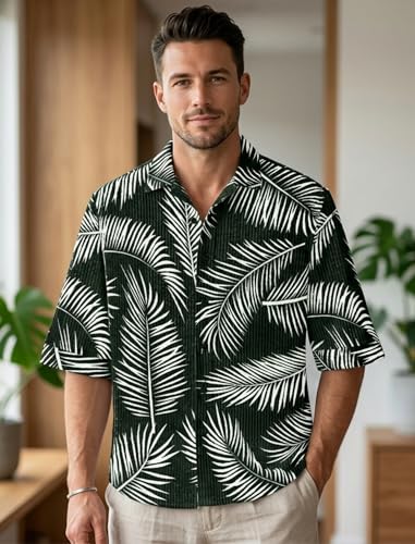 Image of MiraMichi Men's Corduroy Printed Half Sleeve Casual Shirt - Regular Fit Hip Length