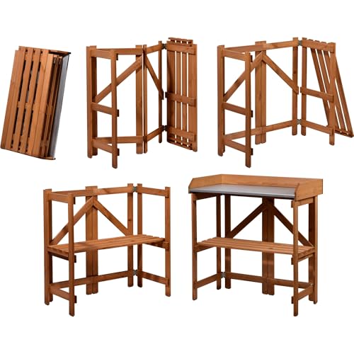 dobar® Klappbarer Pflanztisch | Gärtnertisch Massivholz | Faltbarer Umtopftisch mit Zinkplatte | Blumentisch für Garten/Terrasse/Balkon | 85 x 44 x 89 cm | Braun