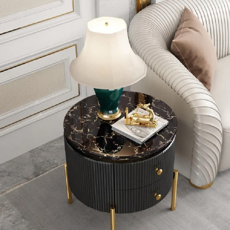 Image of Spain Bedside Table with 2 Drawers, 18x18x18 Inch, Round Sintered Marble Top, Gold Metal Legs & Handle, Waterproof Plywood Body, Modern Side Table for Sofa /Bedroom (Black)