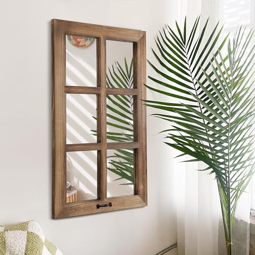 LOSOUR 24x40 Mirrors for Wall Decor, Farmhouse Distressed Wood Windowpane Mirror, Rustic Home Decor Accents, Wall Decor for Bedroom Living Room Dining Room, Kitchen, Mantle (1, Brown, 40' L x 24' W)