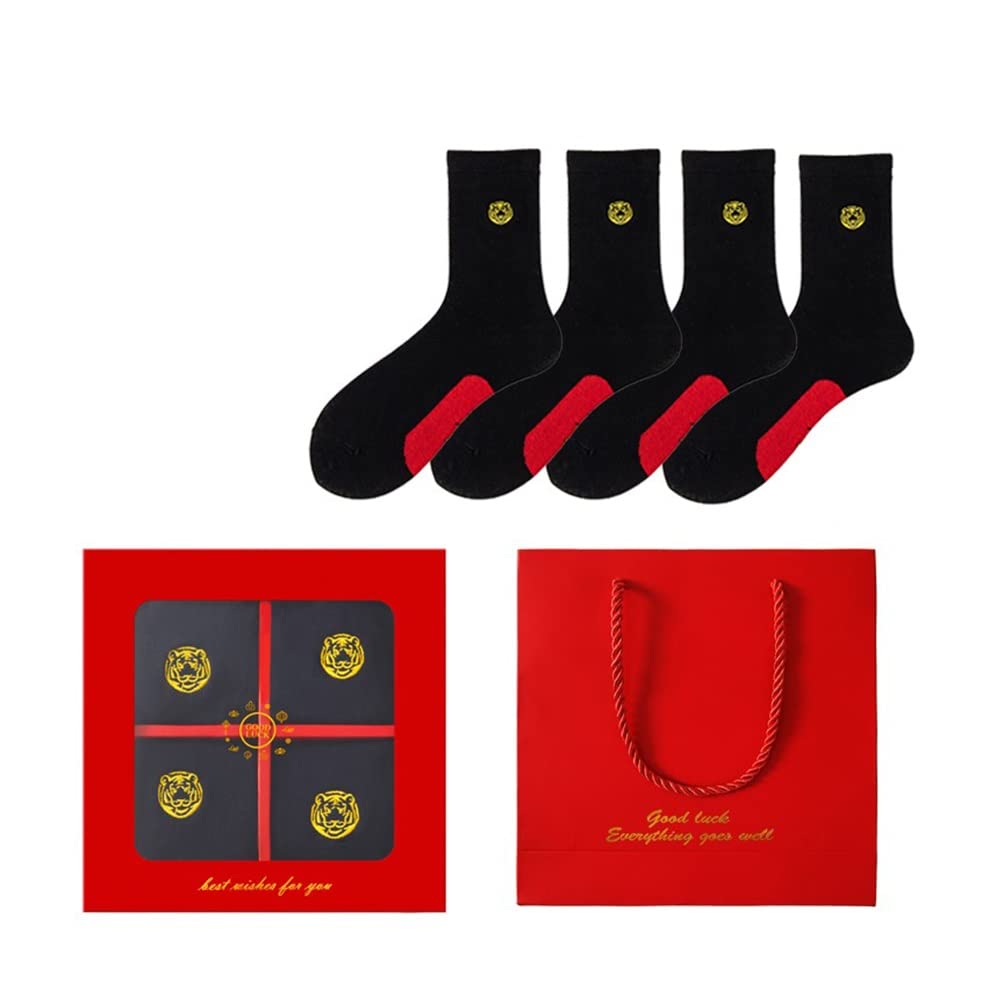 New Year Red Socks Chiński Nowy Rok Czerwone Skarpetki, Męskie Skarpetki Bawełniane Skarpety Sportowe, 2022 Festiwal Wiosenny Powodzenia Skarpetki, 4 Pary (Color : Style 4, Size : 39-44)