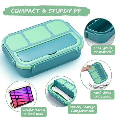 Image of QQKO Bento Box for Kids Adults, School Toddler Lunch Box for Boys Girls, Lunch Box Containers with 4 Compartments, Sauce Container, Utensils, Food Picks and Muffin Cups for School, Green