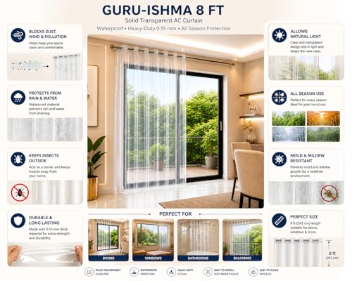 Image of 8 ft Solid Transparent AC Curtain | Waterproof Heavy-Duty 0.15 mm | Dust Wind Rain Protection, Mold & Mildew Resistant | All Season Use for Door, Window & Bathroom (Pack of 1)