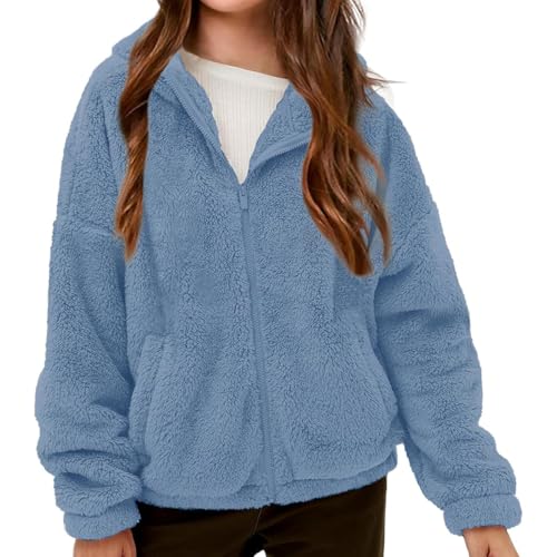 Girl's plush hooded zipper jacket for autumn and winter, warm and loose top, soft and comfortable, easy to match