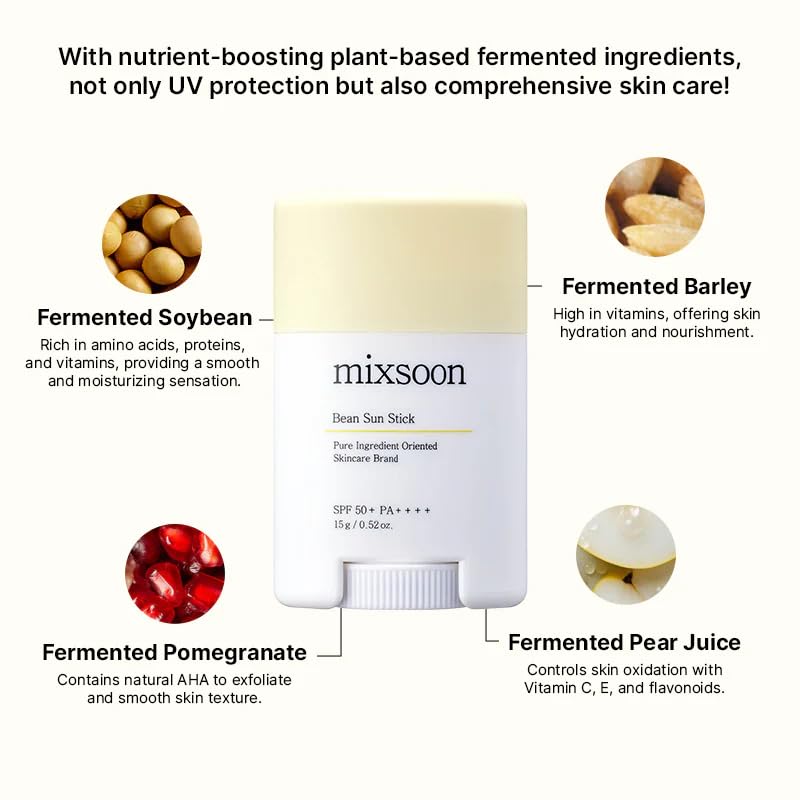Image of mixsoon Bean Sunstick SPF50+ PA++++ (15g) Korean Sunscreen Stick with Bean Extracts & Niacinamide, Portable, Waterproof, Sweat-Resistant UV Protection Sunscreen, No White Cast, Hydrating, Lightweight Daily Sun Care for All Skin Types