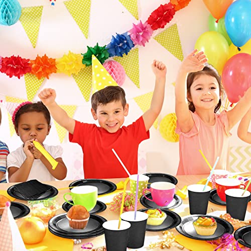 Twowyhi 229Pcs Black Party Supplies Set Paper Disposable Plates Cups Plastic Spoons Forks Knives Black Napkins Severs 30Disposable Party Dinnerware For Wedding Birthday Parities With 1Pc Table Cover #TOP5