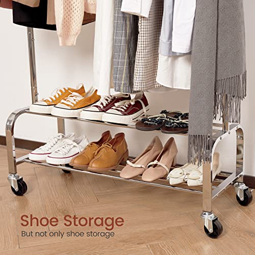 House Again Adjustable 3-In-1 Heavy Duty Clothing Rack With Shelves, 66" L, Clothes Rack For Hanging Clothes With Lockable Wheels, Rolling Garment Rack Commercial Grade, Freestanding, Chrome #TOP1