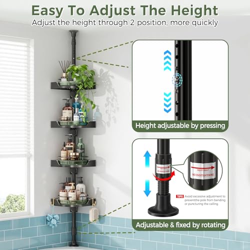 Image of AKINBAS 360 Rotating Shower Caddy Tension Pole with 4-Tier Rustproof Lazy Susan 35-128 Inch No Drilling Coner Shelves Adjustable Shower Rack for Bathroom Bathtub Washbasin Plant Storage (Black+Green)