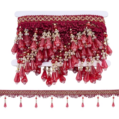 PH PandaHall 6 Yards Beaded Fringe Trim Curtain Tassel Embellishments Plastic Beaded Edge Trim Polyester Sewing Craft Ribbon for DIY Lampshade Tablecloth Curtain Clothing Home Decoration Dark Red