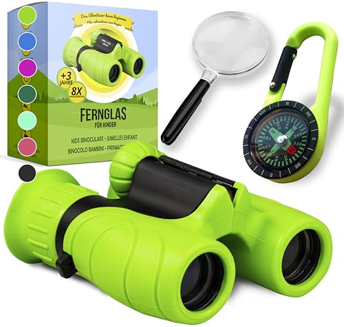Fernglas für Kinder kleine Jungen und Mädchen - Starke Vergrößerung 8X21 – Großes Set inkl. Lupe & Kompass – Spielzeug für 3 – 12 Jahre (grün)