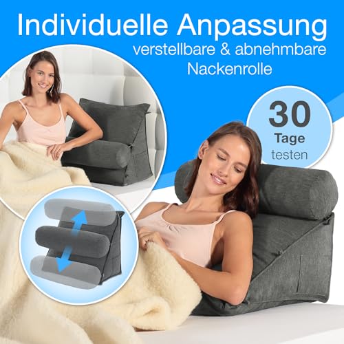 ELONEO Rückenkissen Bett/Sofa mit Abnehmbarer Nackenrolle und Seitentasche, Rückenstützkissen mit Nackenkissen, Bezug waschbar, Lesekissen, Bücherkissen, Rückenlehne