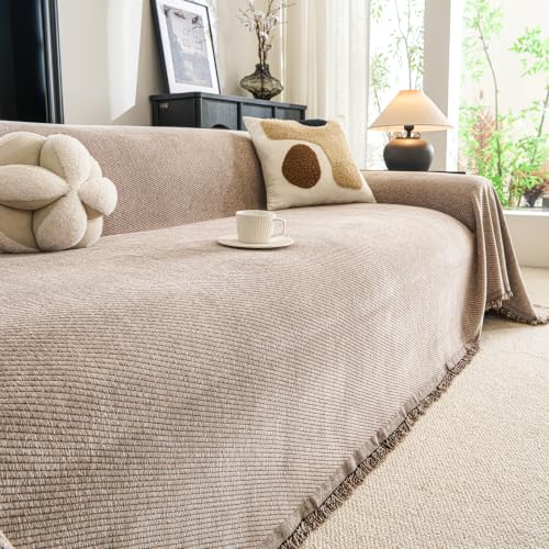 VanderHOME Funda Sofa, Manta Reversible de Chenilla para Sofá, Gruesa y Resistente, Antirrayaduras para Mascotas, Protector de Sofá para Gatos y Perros, Manta Multiusos para Sofás 180 * 300cm-Beige