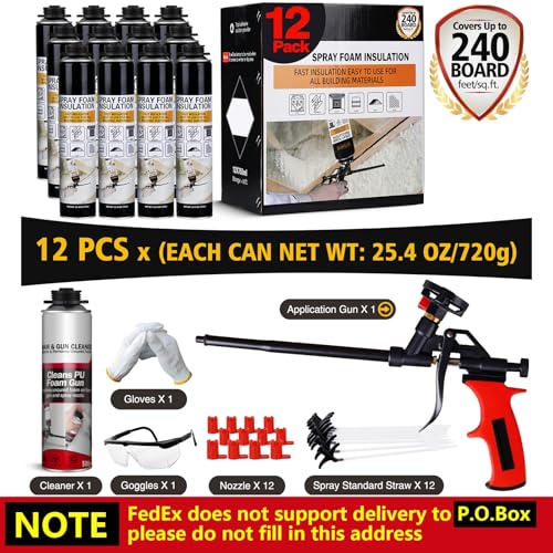 Spray Foam Insulation - Closed Cell Insulation Spray Foam 25.4 oz. Wall & Attic Acoustic Expanding Sealant, Covers Up to 240 Board Feet, Gun & Cleaner Included, 12 Pack