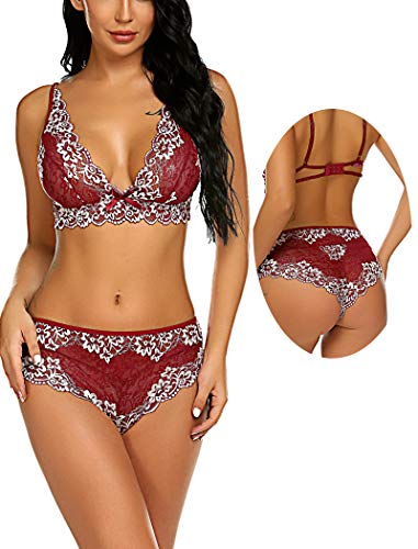 Avidlove Women's Sexy Strappy Lingerie Set Lace Lingerie 2 Piece Bra and Panty Set Halter Underwear Dark Red L