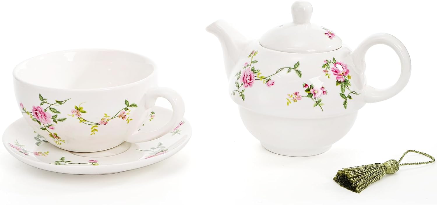 Coloch Tea for One Set, Porcelain Teapot Cup and Saucer Set with Tassel Vintage Floral Ceramic Tea Set for One for Women, Home, Office, Afternoon Tea, Rattan Flower Design