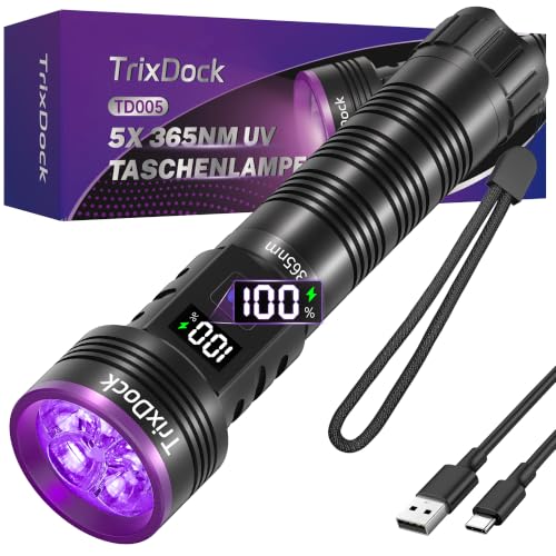 365nm 5-LED UV Taschenlampe Aufladbar, Schwarzlicht mit LCD-Display