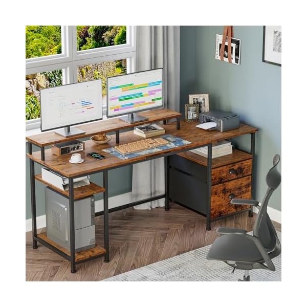 Furologee 61 desk with fabric file drawer reversible computer desk with shelves and drawer industrial writing desk with monitor stand long study table workstation for home office rustic brown  urban country home decor