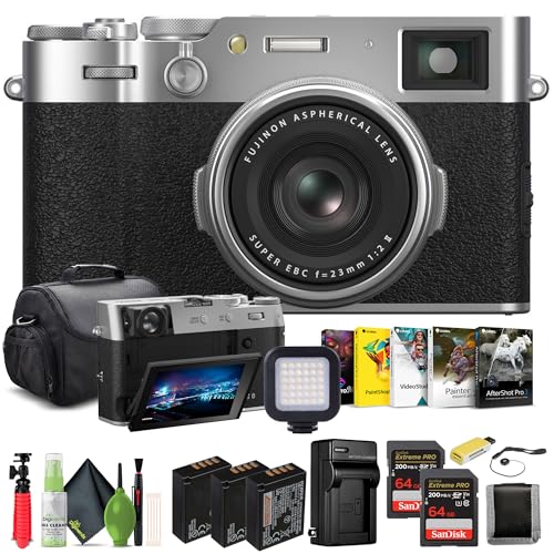 - X100VI Digital Camera (Silver) (16821822) + 2 x 64GB Card + Card Reader + 2 x NP-W126 Battery + Charger + LED Light + Corel Photo Software + Case + Flex Tripod + Memory Card Wallet + More